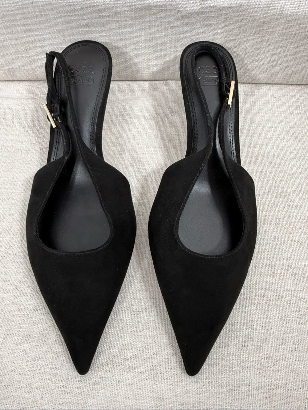 ASOS  design Black Pointed Slingback Heels with Gold Buckle